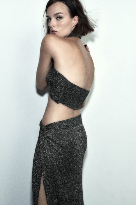 Zara mujer top tejido cruzado con hilo metalizado BDP8J262 ropa negro