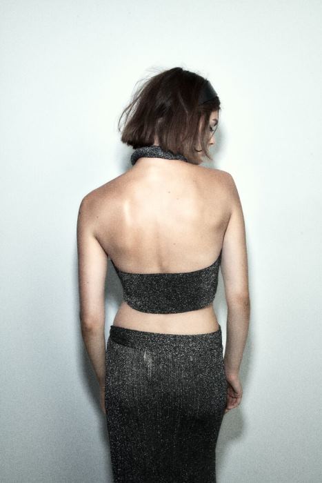 Zara mujer top tejido cruzado con hilo metalizado BDP8J262 ropa negro