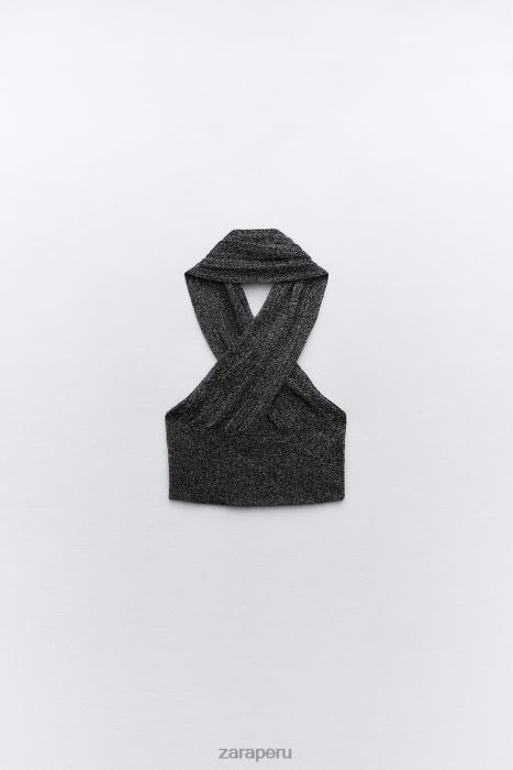 Zara mujer top tejido cruzado con hilo metalizado BDP8J262 ropa negro