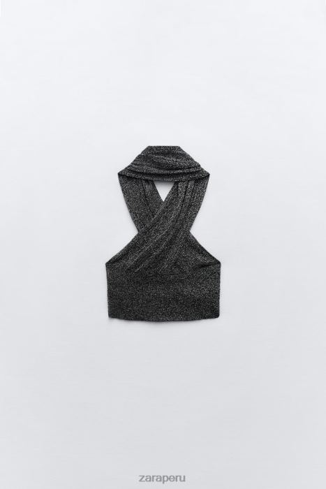 Zara mujer top tejido cruzado con hilo metalizado BDP8J262 ropa negro