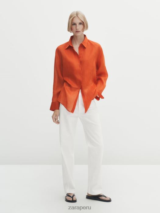 Zara mujer Camisa 100% ramio con detalle en el pecho BDP8J862 ropa naranja