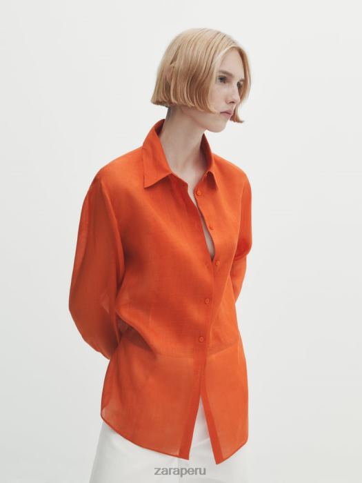 Zara mujer Camisa 100% ramio con detalle en el pecho BDP8J862 ropa naranja