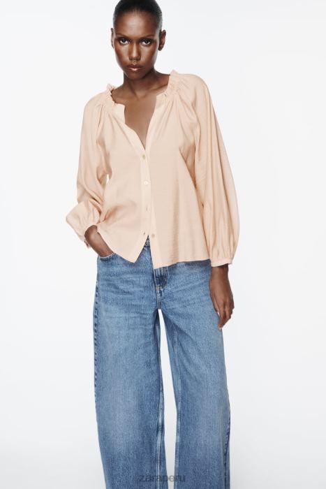Zara mujer blusa con cuello con volantes BDP8J373 ropa beige/rosa