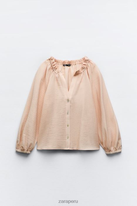 Zara mujer blusa con cuello con volantes BDP8J373 ropa beige/rosa