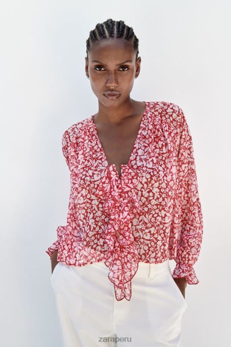 Zara mujer blusa con estampado de volantes BDP8J399 ropa blanco rojo