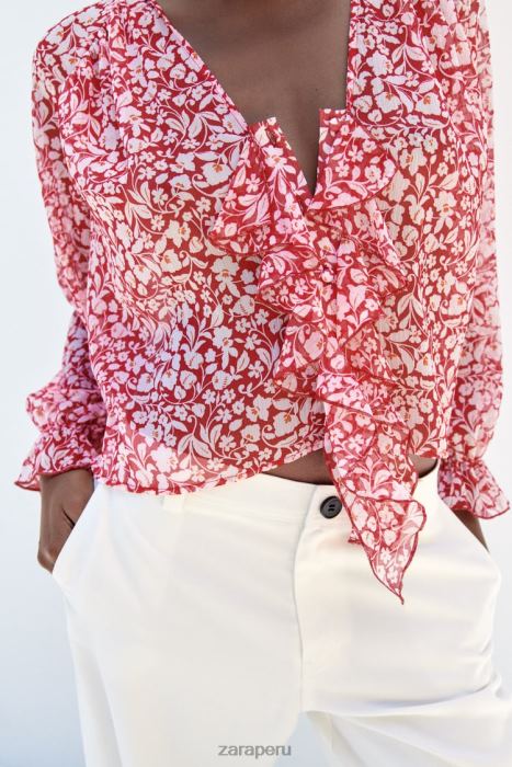 Zara mujer blusa con estampado de volantes BDP8J399 ropa blanco rojo