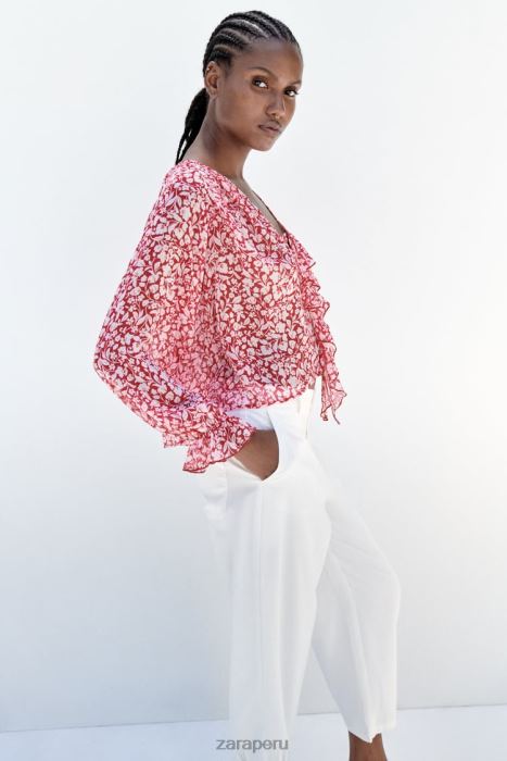 Zara mujer blusa con estampado de volantes BDP8J399 ropa blanco rojo