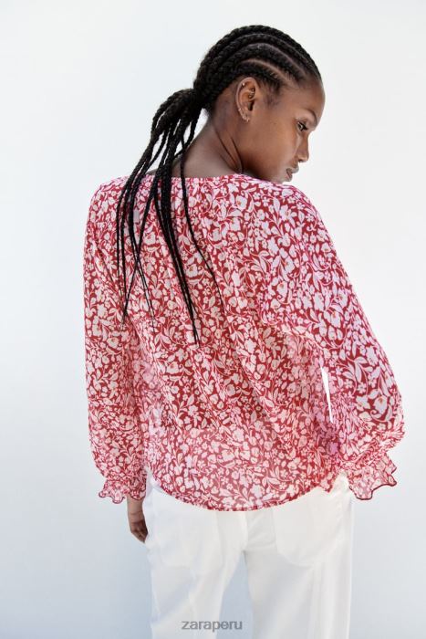Zara mujer blusa con estampado de volantes BDP8J399 ropa blanco rojo