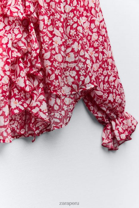 Zara mujer blusa con estampado de volantes BDP8J399 ropa blanco rojo