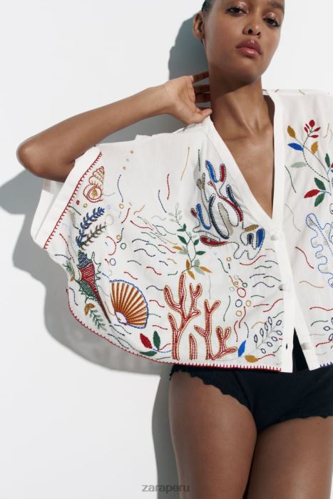 Zara mujer blusa de algodón bordada BDP8J400 ropa ostra blanca