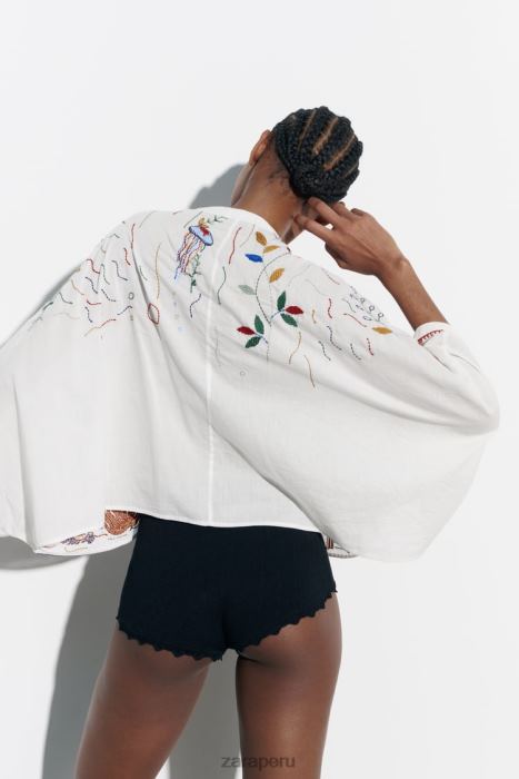 Zara mujer blusa de algodón bordada BDP8J400 ropa ostra blanca