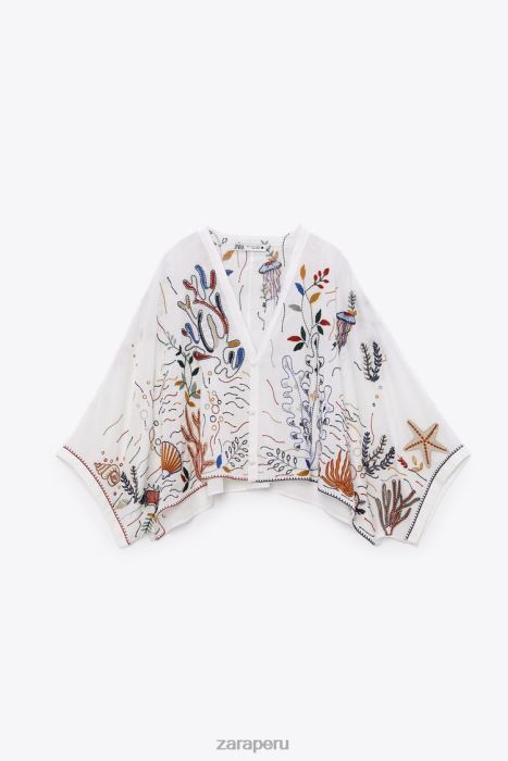 Zara mujer blusa de algodón bordada BDP8J400 ropa ostra blanca
