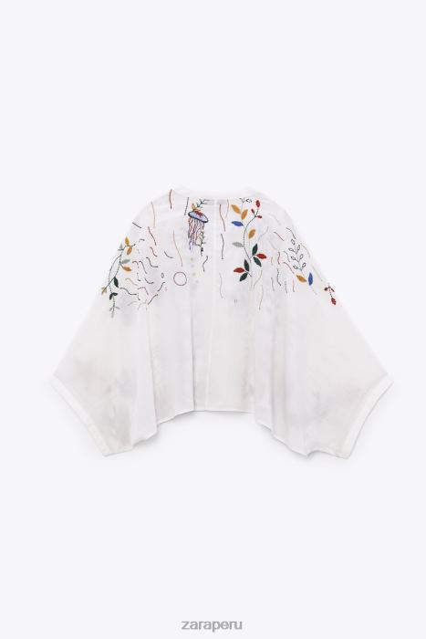 Zara mujer blusa de algodón bordada BDP8J400 ropa ostra blanca
