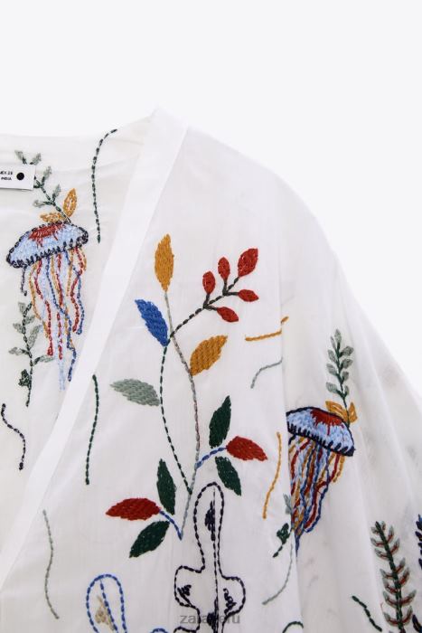 Zara mujer blusa de algodón bordada BDP8J400 ropa ostra blanca