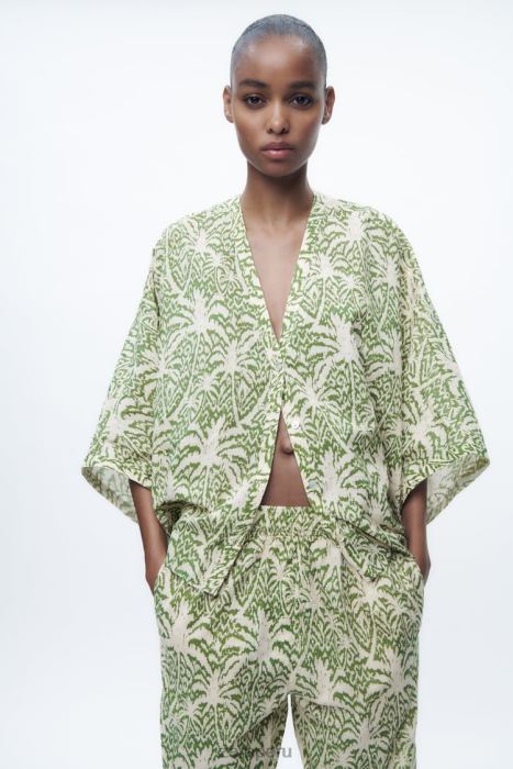 Zara mujer blusa de algodón estampada BDP8J447 ropa verde