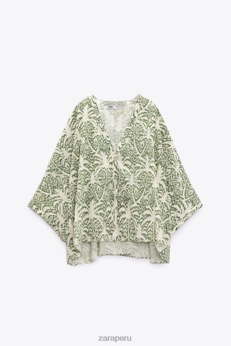 Zara mujer blusa de algodón estampada BDP8J447 ropa verde