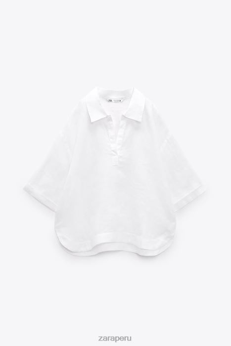 Zara mujer blusa de lino con cuello tipo polo BDP8J346 ropa ostra blanca