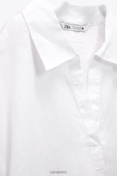 Zara mujer blusa de lino con cuello tipo polo BDP8J346 ropa ostra blanca
