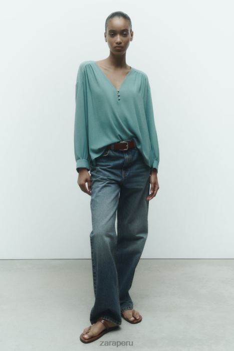 Zara mujer blusa fluida fruncida oversize BDP8J454 ropa acero azul