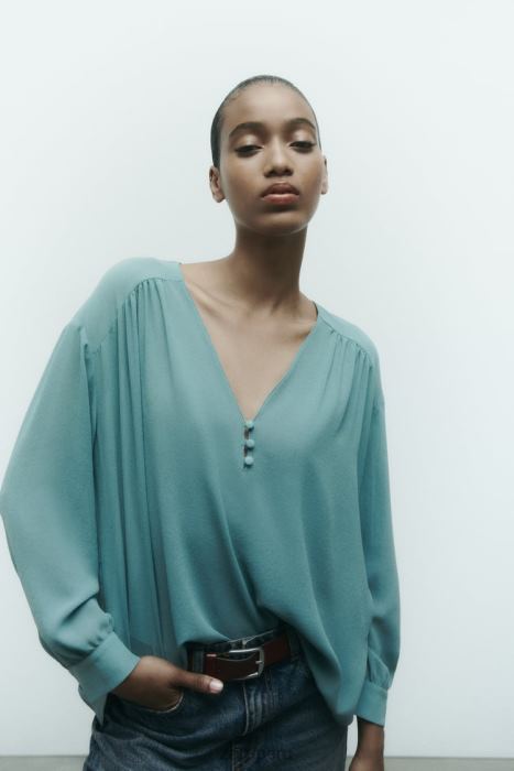 Zara mujer blusa fluida fruncida oversize BDP8J454 ropa acero azul