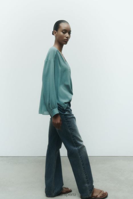 Zara mujer blusa fluida fruncida oversize BDP8J454 ropa acero azul