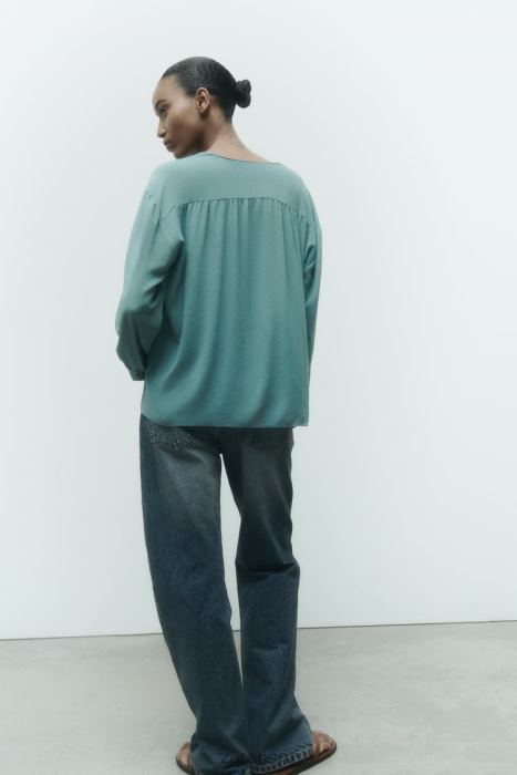 Zara mujer blusa fluida fruncida oversize BDP8J454 ropa acero azul