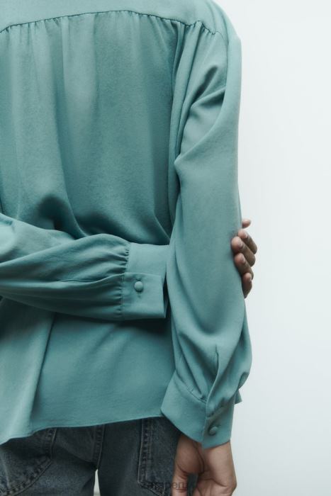 Zara mujer blusa fluida fruncida oversize BDP8J454 ropa acero azul