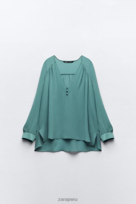 Zara mujer blusa fluida fruncida oversize BDP8J454 ropa acero azul