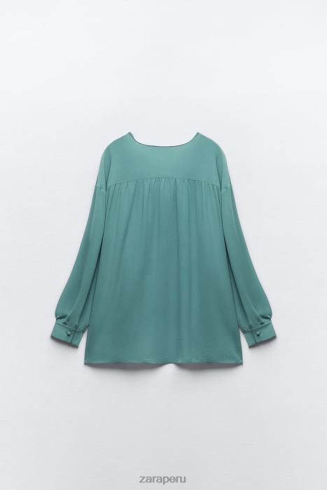 Zara mujer blusa fluida fruncida oversize BDP8J454 ropa acero azul