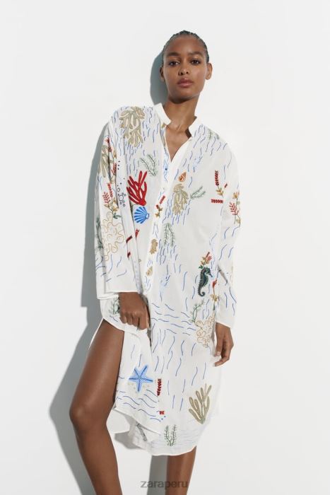 Zara mujer blusa larga bordada BDP8J362 ropa ostra blanca