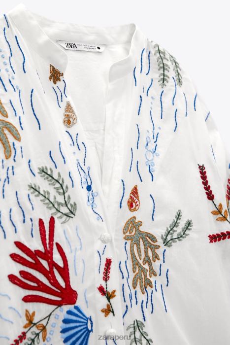 Zara mujer blusa larga bordada BDP8J362 ropa ostra blanca