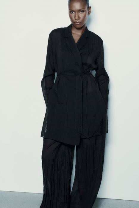 Zara mujer blusa minimalista con cinturón BDP8J370 ropa negro