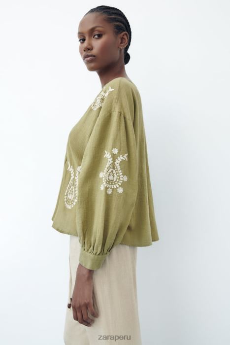 Zara mujer blusa oversize bordada BDP8J445 ropa caqui claro