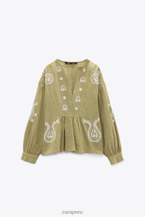 Zara mujer blusa oversize bordada BDP8J445 ropa caqui claro