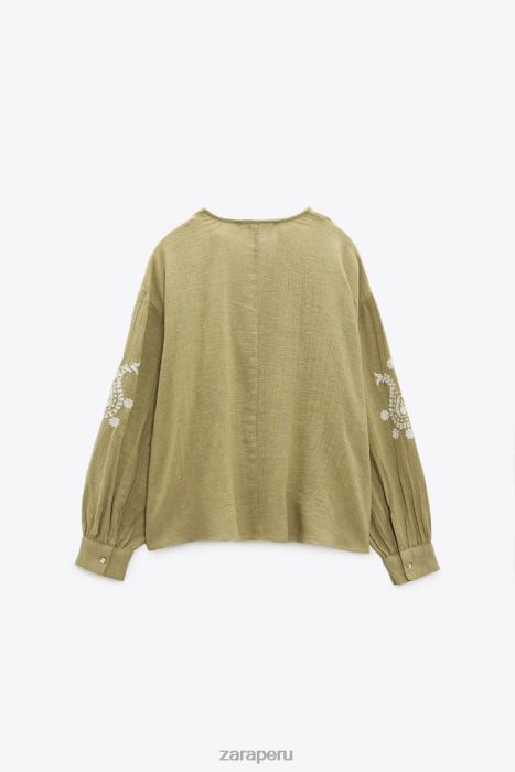 Zara mujer blusa oversize bordada BDP8J445 ropa caqui claro
