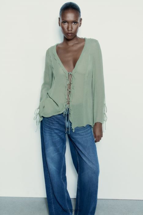 Zara mujer blusa semitransparente con volantes BDP8J376 ropa Mar verde