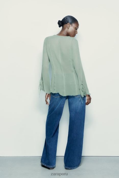 Zara mujer blusa semitransparente con volantes BDP8J376 ropa Mar verde