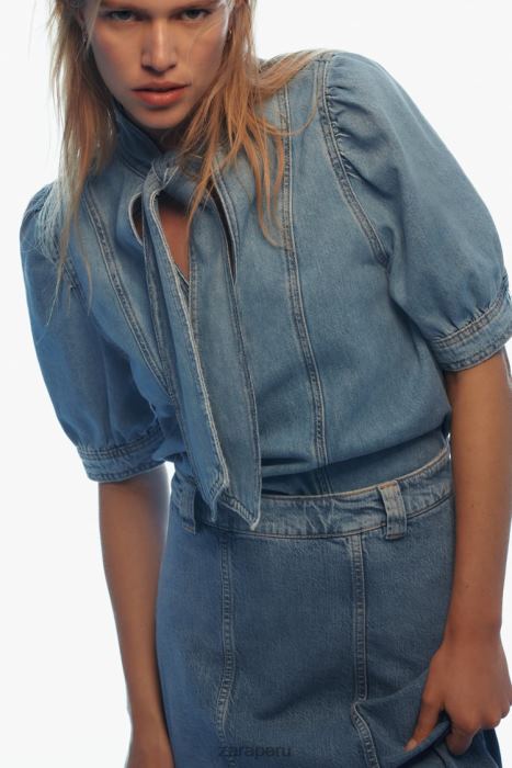 Zara mujer blusa vaquera con lazos z1975 BDP8J366 ropa azul medio