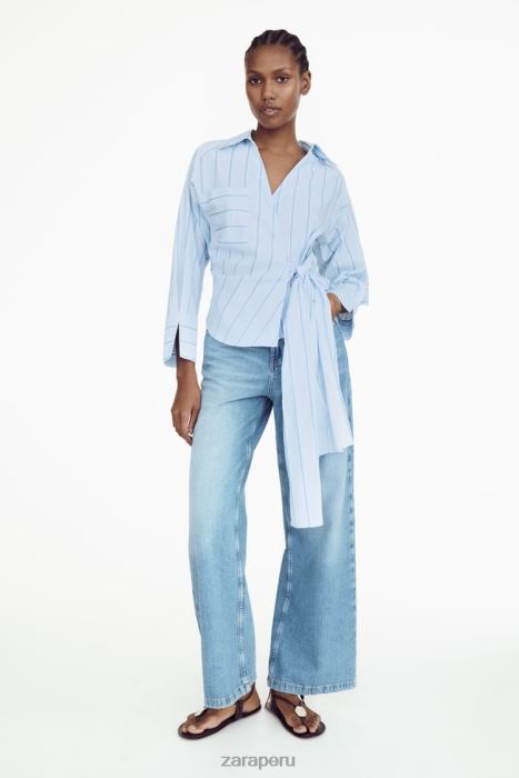Zara mujer camisa a rayas con corbata BDP8J416 ropa azul blanco