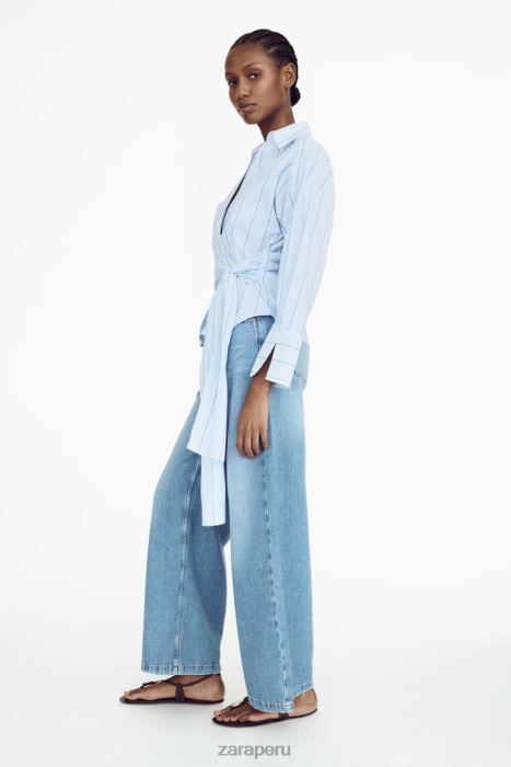 Zara mujer camisa a rayas con corbata BDP8J416 ropa azul blanco
