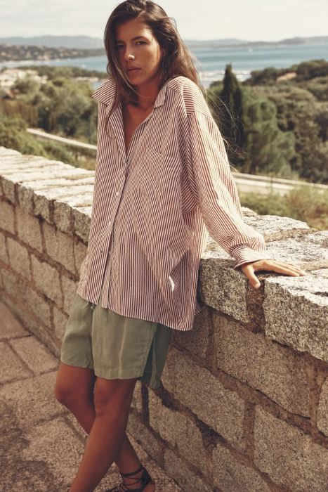 Zara mujer camisa a rayas de gran tamaño BDP8J322 ropa beige/marrón