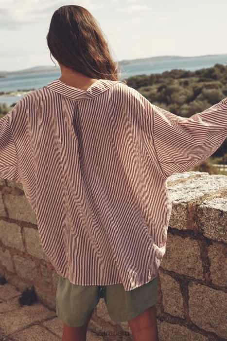 Zara mujer camisa a rayas de gran tamaño BDP8J322 ropa beige/marrón