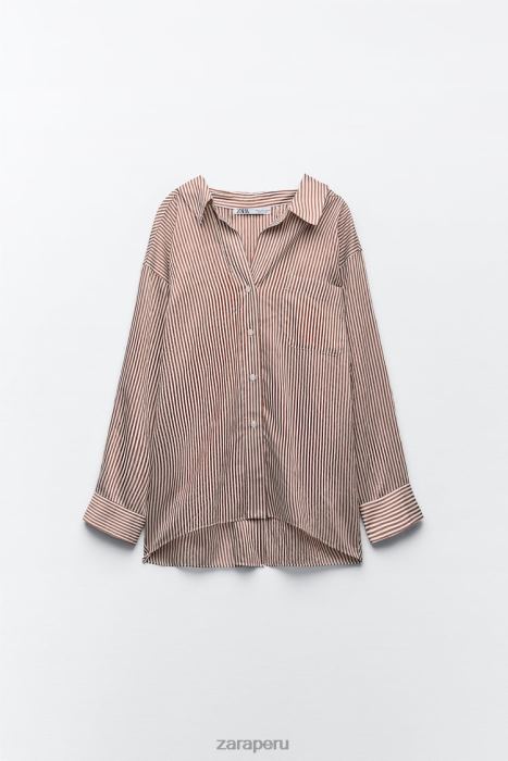 Zara mujer camisa a rayas de gran tamaño BDP8J322 ropa beige/marrón