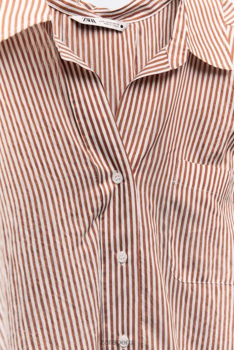 Zara mujer camisa a rayas de gran tamaño BDP8J322 ropa beige/marrón