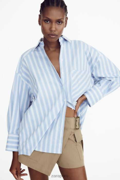 Zara mujer camisa a rayas de gran tamaño BDP8J435 ropa azul blanco