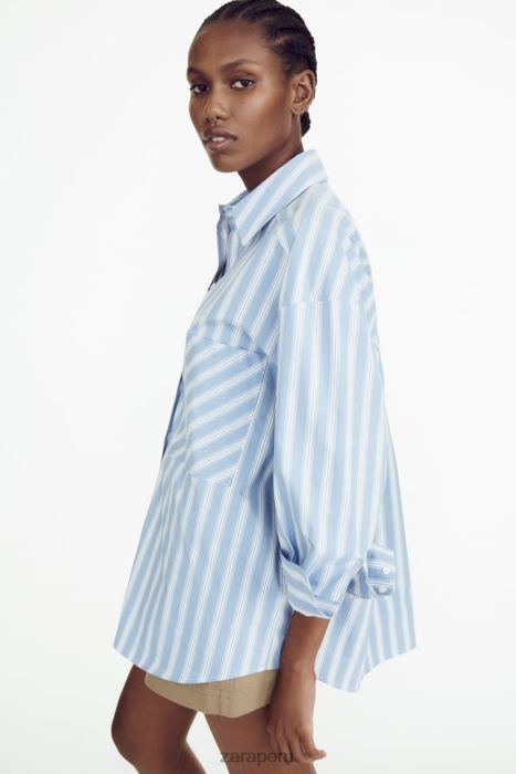 Zara mujer camisa a rayas de gran tamaño BDP8J435 ropa azul blanco