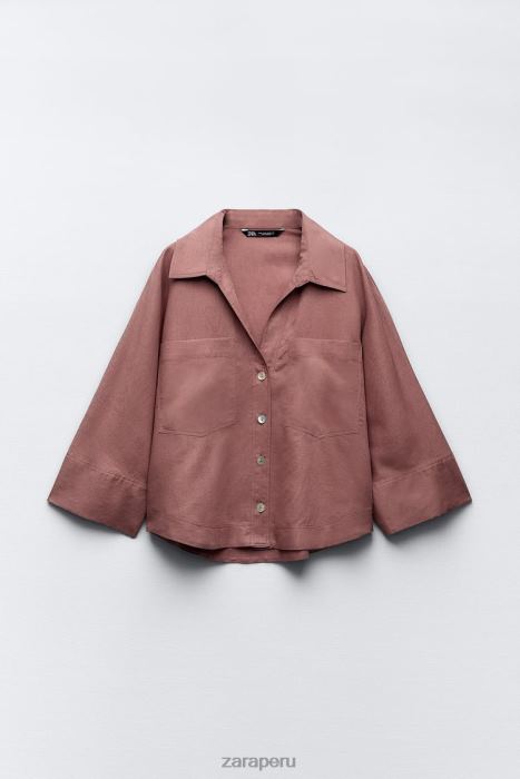 Zara mujer camisa con bolsillo de parche en mezcla de lino BDP8J401 ropa Marsala