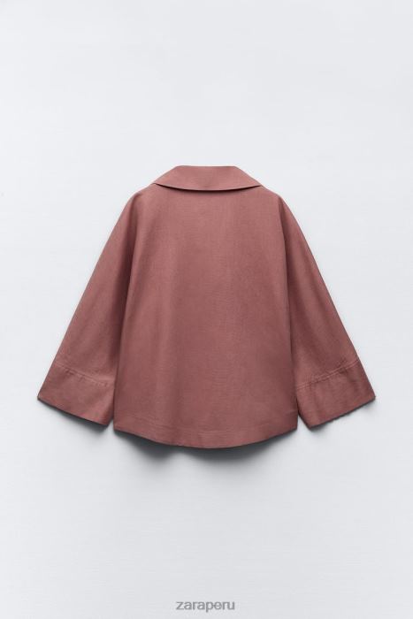 Zara mujer camisa con bolsillo de parche en mezcla de lino BDP8J401 ropa Marsala
