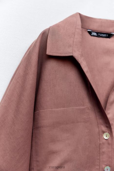 Zara mujer camisa con bolsillo de parche en mezcla de lino BDP8J401 ropa Marsala
