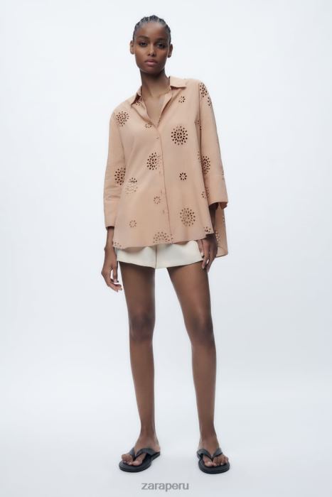 Zara mujer camisa con bordado calado BDP8J379 ropa beige/rosa